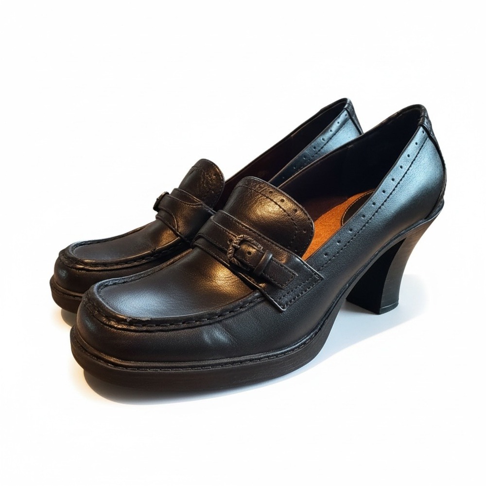 90's VTG MUDD Sorain Black Heeled Loafers Buckle Platform Shoes 10M‎